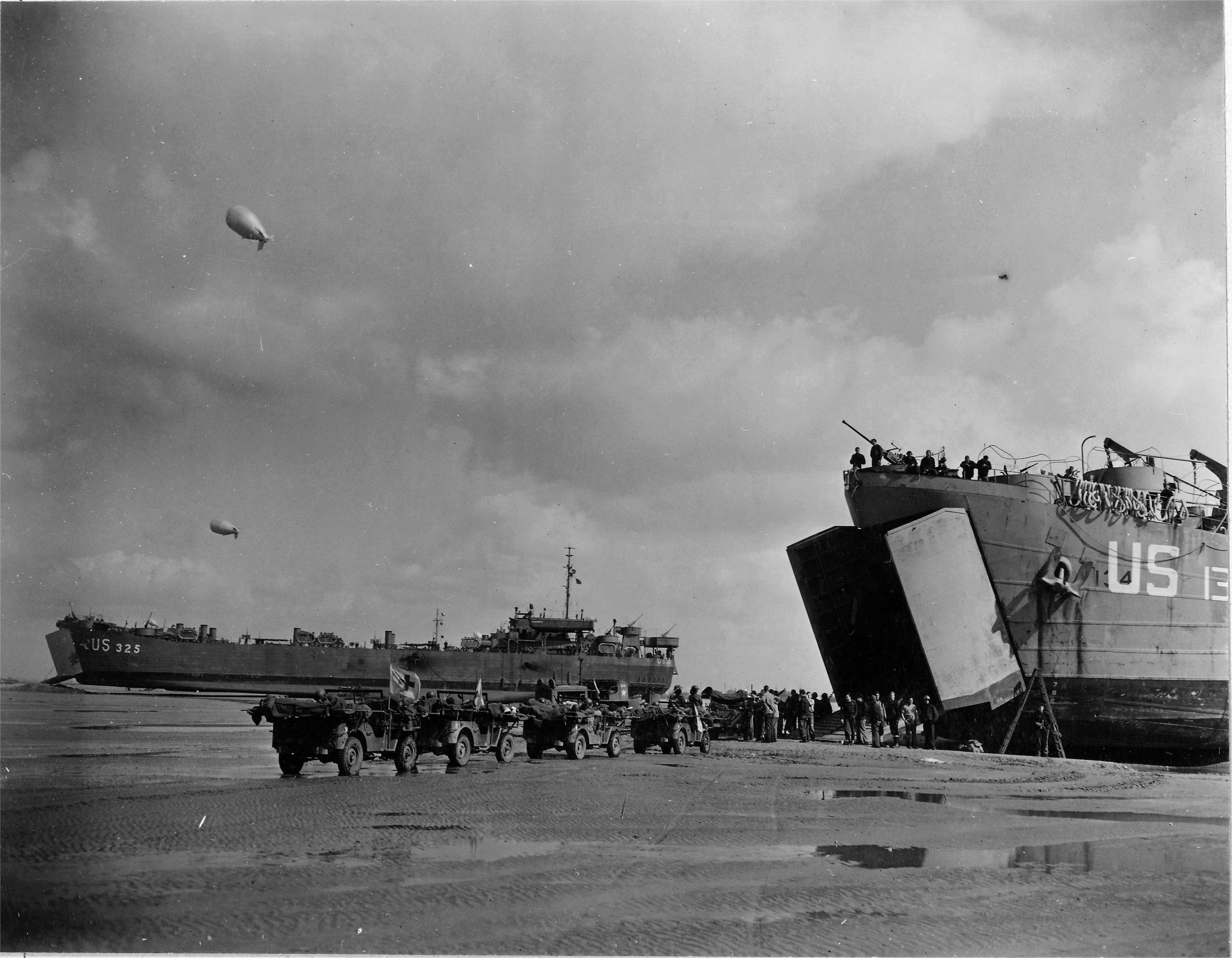 US Navy LST-134 and LST-325 beached at Normandy